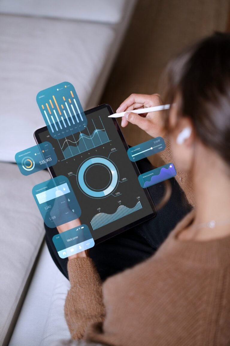 a girl holding tablet with visuals around tablet