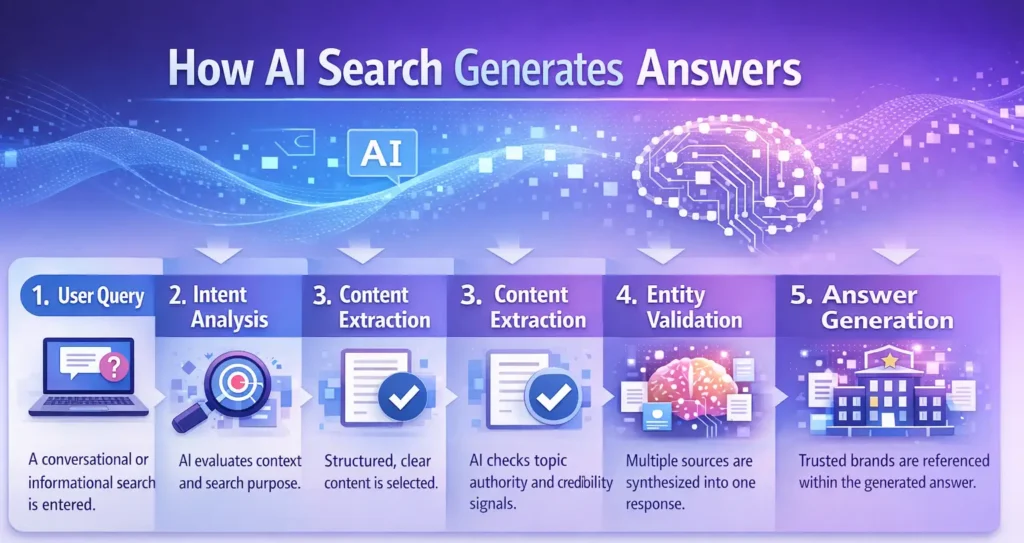Flowchart showing how AI search processes and generates answers.