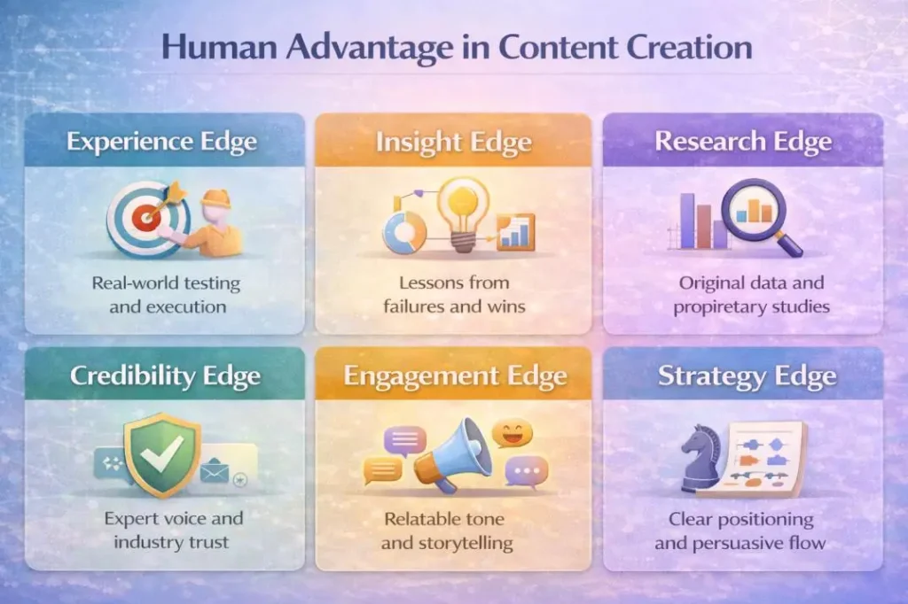 Grid showing key strengths of human writers over AI tools