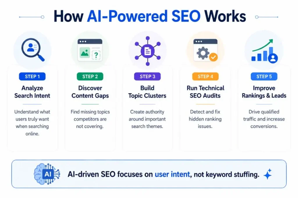 Step-by-step infographic showing how AI-powered SEO improves rankings and lead generation.