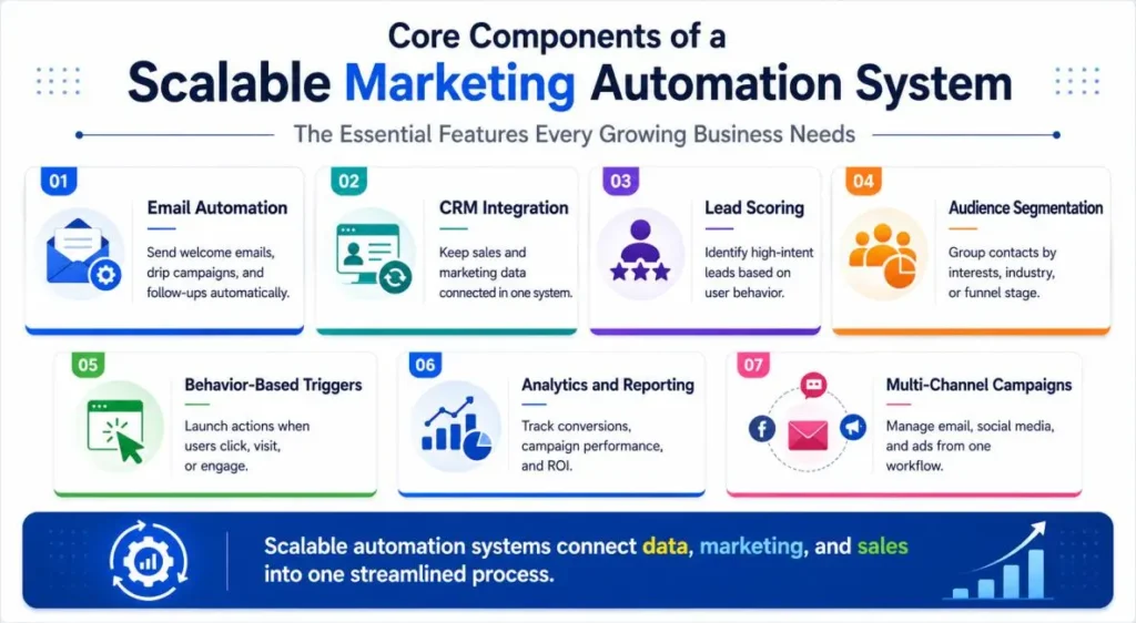 Infographic highlighting the main features of marketing automation software.