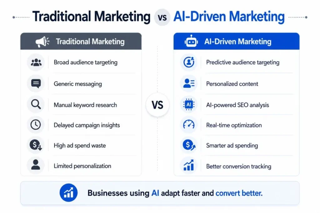 Comparison infographic between traditional marketing methods and AI-driven marketing strategies.