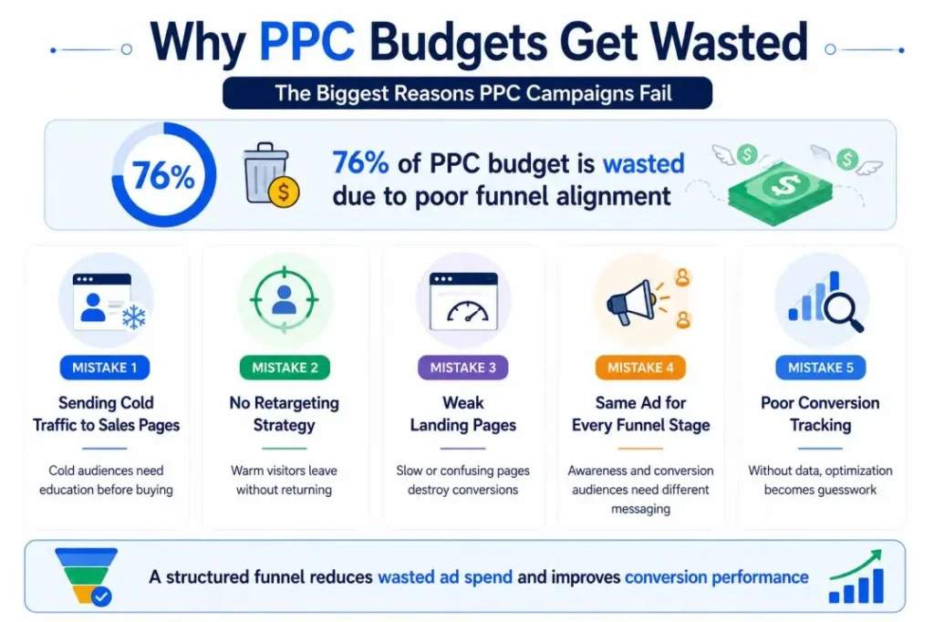 Infographic showing the top reasons businesses waste PPC advertising budget.